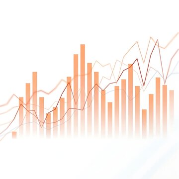 Financial stock market growth chart with orange bar graph and red trend lines on bright background.