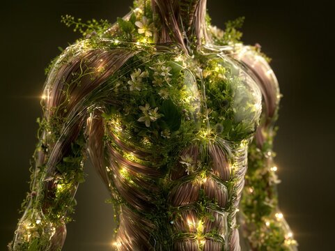 transparent glass human muscle anatomy filled with fresh green foliage, blooming flowers and delicate botanical vines
