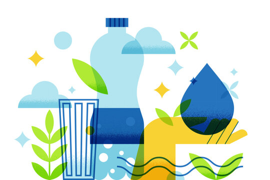 Vector clean water bottle, glass, hand holding drop. Concept for clean hydration, sustainability, resource saving