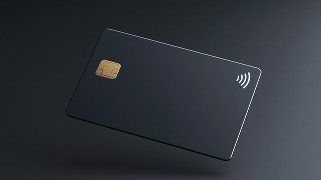 A sleek black credit card with a gold chip and contactless symbol floating against a dark grey background
