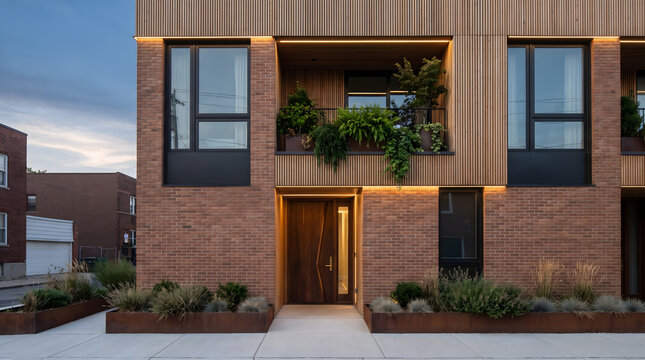 Modern brick townhouse exterior with wooden slats.