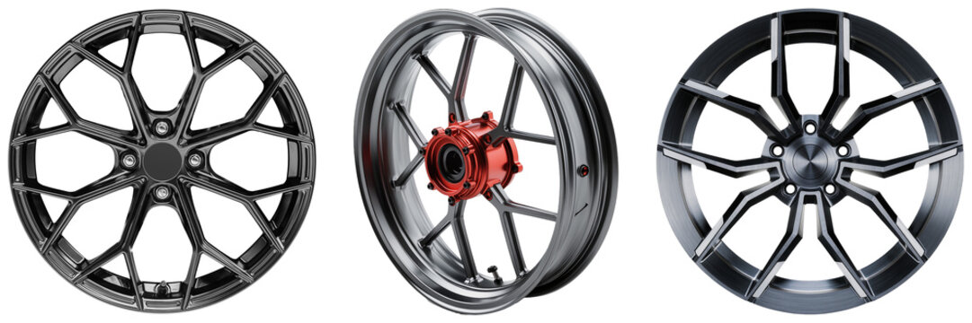 Three different alloy car wheels or rims isolated on a white background