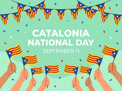 Catalonia National Day poster design showing hands waving independence flags beneath festive garland on green.