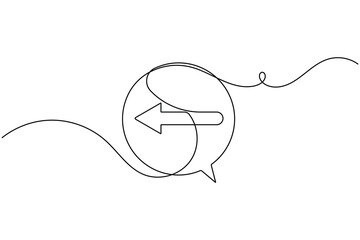 Obraz premium Left arrow inside a chat speech bubble icon sign continuous one line drawing on white background minimalist single art share of comment and post reply symbol editable outline vector illustration