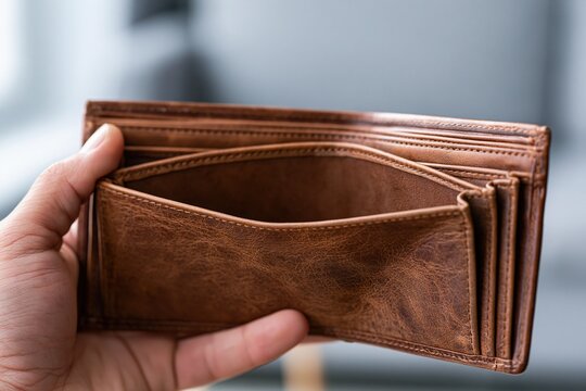 A hand holds an empty brown leather wallet open to reveal its interior compartments and stitching details.
