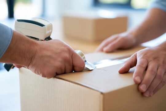 A close-up view of a person's hands using a tape dispenser to seal the top flaps of a brown cardboard shipping box on a table.