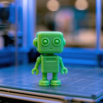 Small green plastic robot toy standing on blue grid surface with blurred industrial background