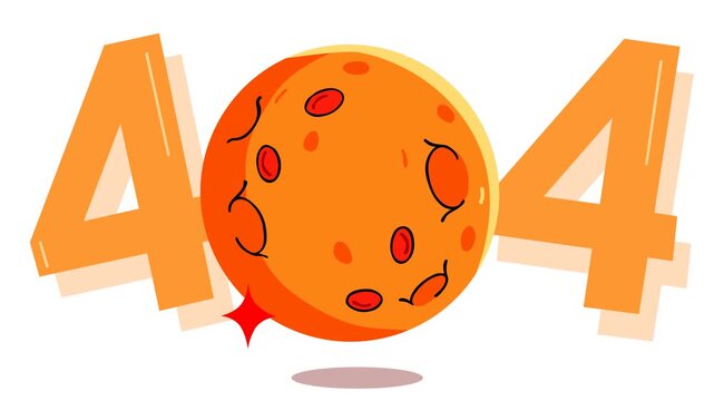 Animated 404 error footage featuring a playful orange planet with bold 404 numbers, conveying a missing webpage, broken link, failed search, website error, and unavailable online content