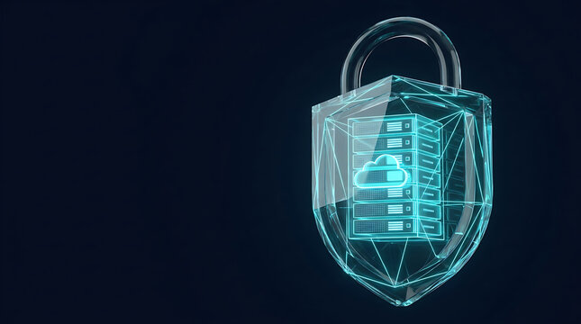 Close-up of a digital padlock on a shield representing cybersecurity protection