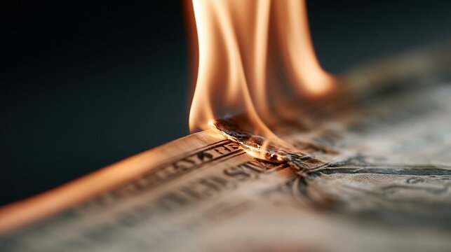 Close-up of burning paper currency with bright orange flames consuming the edge against a dark background