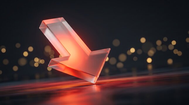 A glowing translucent glass arrow symbol floating above a reflective surface with soft bokeh lights background