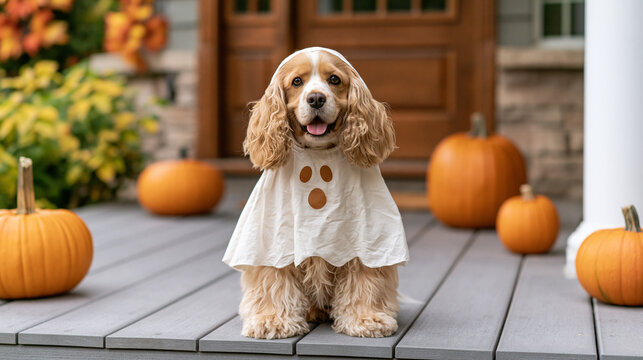 In bright seasonal surroundings, a cheerful cocker spaniel dressed in a simple white ghost costume sitting on a porch surrounded by pumpkins and autumn foliage, playful Halloween mood with