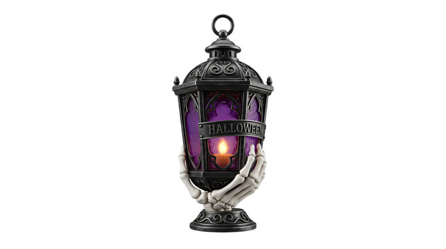 Halloween lantern with purple light and skeletal hands against a black background.