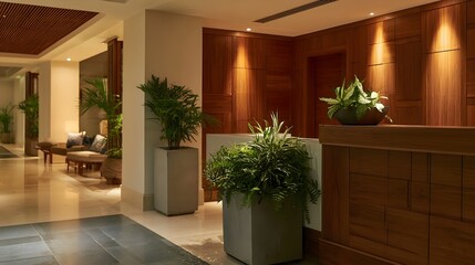 Fototapeta premium Modern wooden reception area with potted plants and warm ambient lighting in a luxury hotel lobby