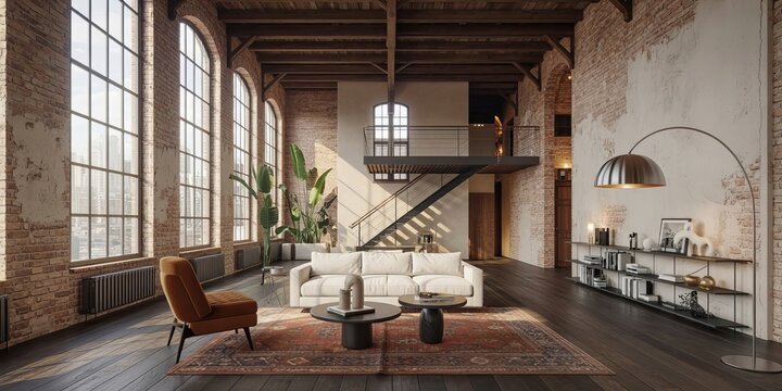 Large industrial loft apartment with exposed red brick walls, ceilings, wooden beams, mezzanine level, staircase, beige sofa, armchair, area rug, and a tall arched floor lamp in a spacious room
