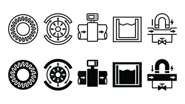 MHD Pumps Line and Solid Icon Pack For Metal Processing | MHD Pumps, Electromagnetic, MHD, Liquid Metal, Flow - Clean and Editable Vector Set