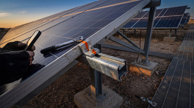 Technician photographing a torque paint witness mark on a solar panel rail clamp bolt