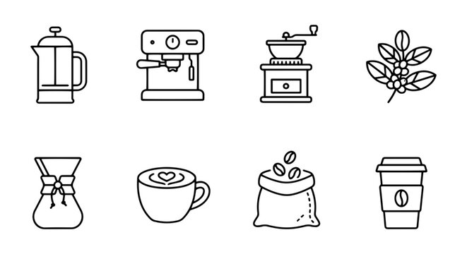 Coffee Icons: French Press, Espresso Machine, Grinder, Beans, Cup, Chemex, Takeaway