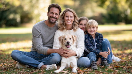 Fototapeta premium Across a colorful family scene, a happy attractive European family gathered in a warm group hug with their friendly dog in a bright autumn park, colorful leaves and relaxed casual clothing