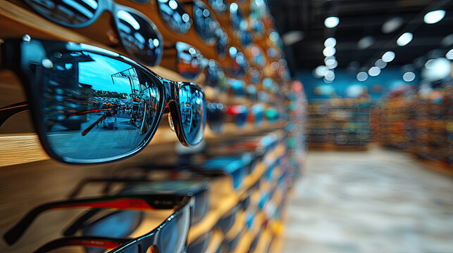 Close-up of stylish sunglasses on display in a retail store, reflecting street scene.
