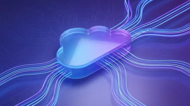 3D cloud storage icon connected to glowing fiber optic network lines