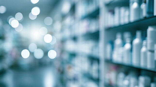 Blurred shelves of medicine bottles in a pharmacy or medical supply store with bright bokeh lights