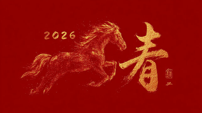 Golden chinese calligraphy character chun meaning spring on a deep red background for lunar new year celebration