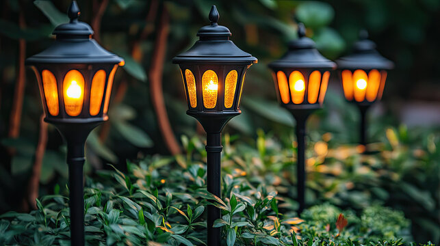 Warm Glow Garden Path Lights Illuminate Lush Greenery at Dusk, Creating Inviting Ambiance