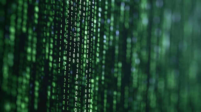 Abstract digital rain of green binary code cascading down a dark background symbolizing data flow and cybersecurity concepts