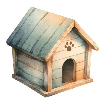 Rustic watercolor dog house illustration, wooden pet shelter with paw print, cozy kennel artwork for pet care branding isolated PNG with Transparent Background