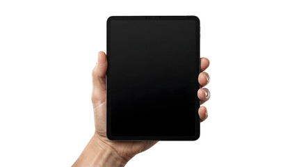 Hand holding digital tablet with blank screen on transparent background © Chanapat