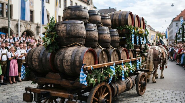 Oktoberfest beer barrels on a traditional horse-drawn wagon at a heritage festival parade.