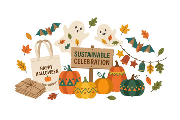 Fototapeta premium Eco Friendly Sustainable Halloween Celebration with Decorative Pumpkins and Autumn Leaves