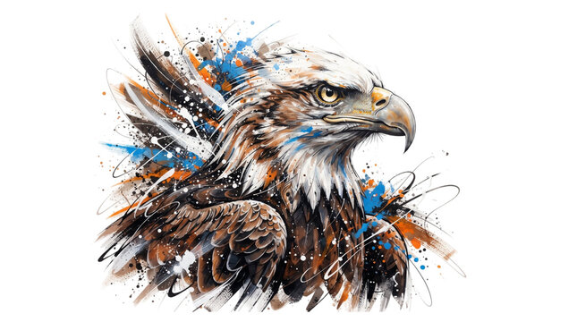 Majestic Bald Eagle Head Watercolor Splash Illustration with Dynamic Paint Strokes Vibrant Wildlife Artwork isolated on white background