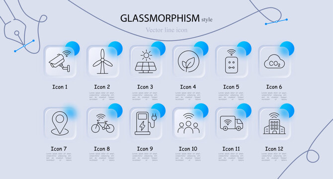 Green technology set icon. Glass frames exhibit security camera, wind turbine, solar panel, leaf circle, power switch, emission vapor, location pin, smart bicycle, charge station, group people