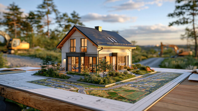 Elegant 3D architectural house model standing on a large development master plan with roads, property boundaries and green zones clearly visible, placed on a rustic outdoor planning table overlookin