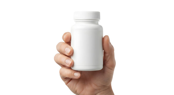 Hand holding a white plastic medicine pill bottle mockup