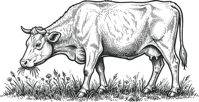 Vintage Cow Grazing Vector Illustration, Retro Hand Drawn Farm Cattle Sketch, Engraving Style Dairy Cow in Meadow Asset