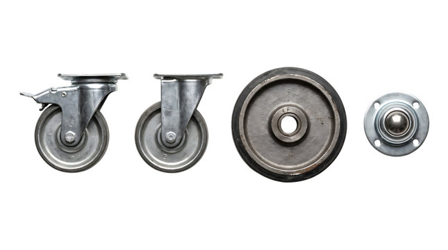 Set of industrial casters and a ball transfer unit isolated on transparent background