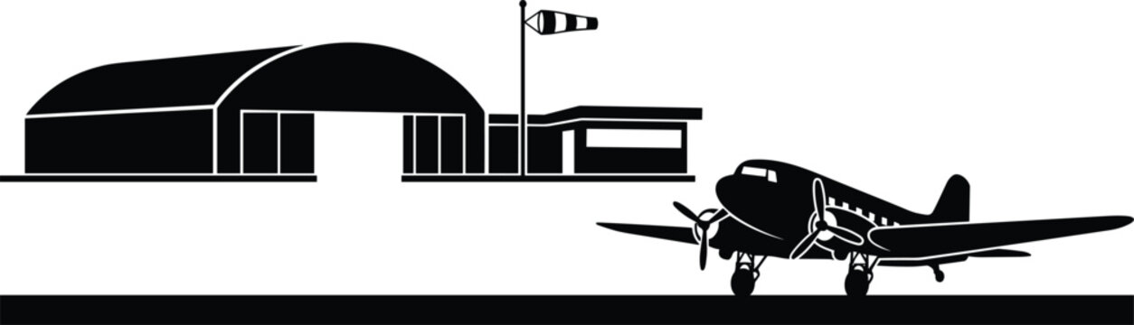 Black silhouette illustration of a vintage propeller airplane on an airfield runway next to a hangar building.