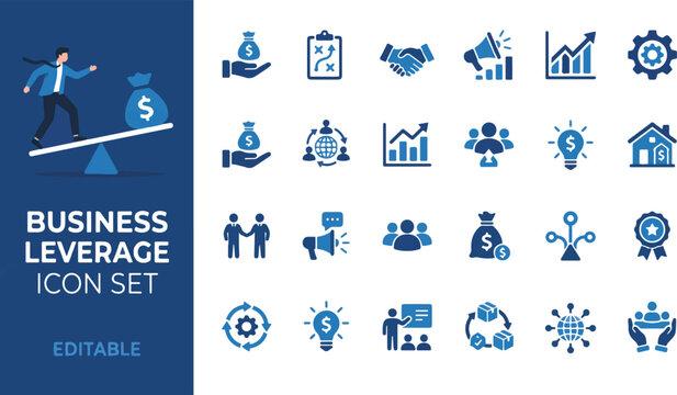 Business leverage icon set with blue financial symbols, leverage