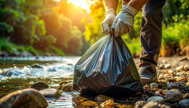 Person Collecting a Bag of Litter During a River Cleanup in Warm Sunlight
川辺でごみを回収する環境清掃活動と自然を守る取り組み