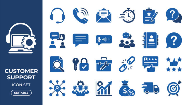 Customer support icon set with blue assistance symbols, customer