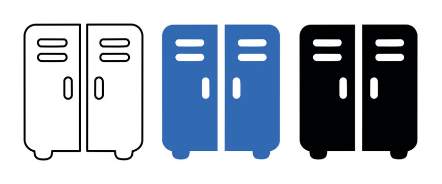 Three distinct locker icons are presented in a row, featuring outline, solid blue, and solid black styles on a clean white background