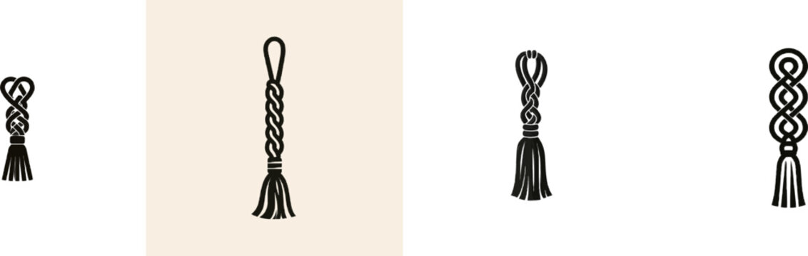 A premium black and white flat vector icon of a macrame curtain tassel with solid black lines and fills, featuring a minimalist design isolated on a pure white background