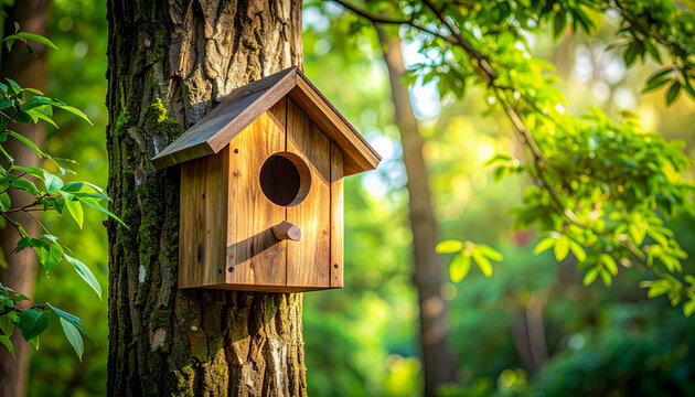 Wooden Birdhouse Mounted on a Large Tree in a Lush Green Natural Garden
大きな木に設置された巣箱と緑豊かな環境、生き物と共存する庭
