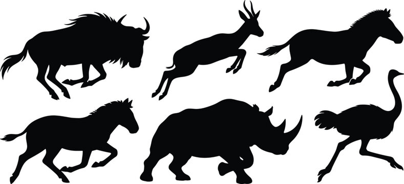 Collection of running African safari animal silhouettes isolated on a white background for graphic design.