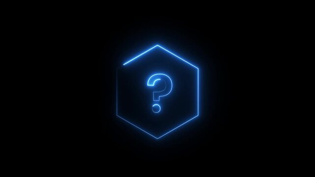 Neon blue question mark inside glowing hexagonal frame isolated on black background motion.