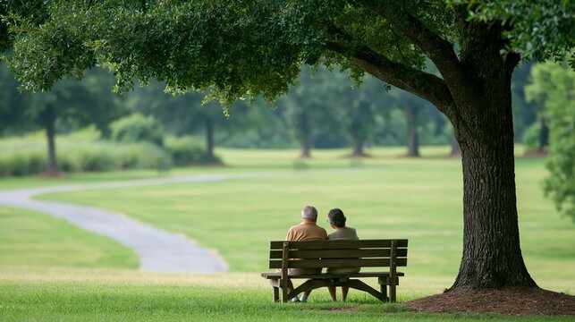 Senior couple sitting together on a wooden bench under a large tree in a peaceful green park setting
