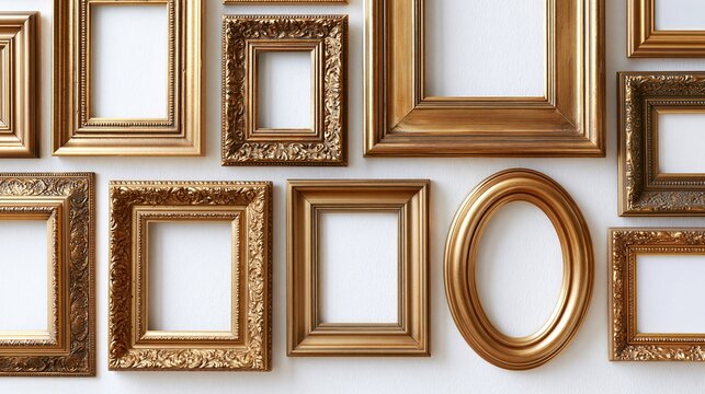Collection of ornate golden picture frames mounted on a white wall in various shapes and sizes